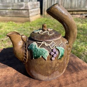One Of A Kind Asian TEA POT- Grapes on The Vine- Hand Crafted- SIGNED